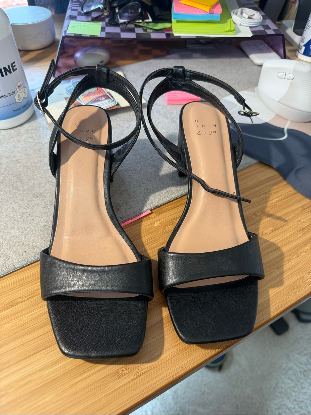 a new day Black Square-Toe Ankle-Strap Heeled Sandals